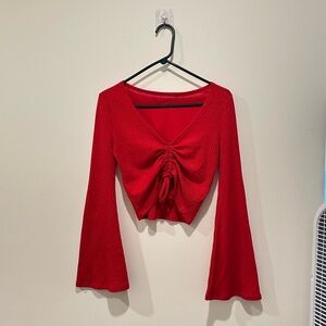 Red Bell Sleeve Crop Blouse with Tie Front